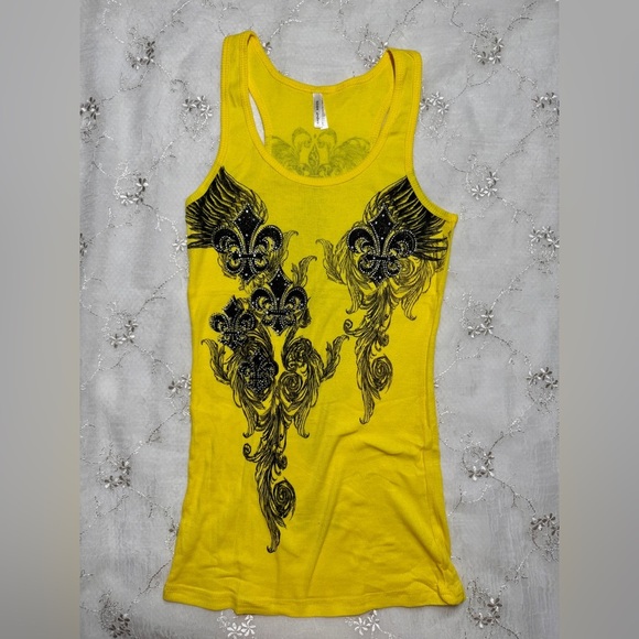 Vintage Y2K Zona Libra Yellow Rhinestone Fleur-de-Lis Wing Tank Top Size Large - Picture 4 of 5